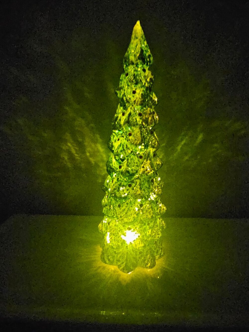 Pier One Imports Green Glass Christmas Tree Light Up 12" Tall Glitter Snow Caps